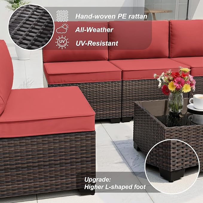 ALAULM Patio Furniture Set with Coffee Table, 14 Pieces Outdoor Sectional with Wide Seat and Thick Cushion, All Weather Wicker Rattan Conversation Set for Backyard, Garden, Deck, Red