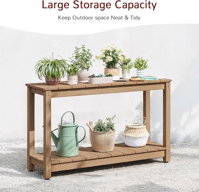 Stoog All-Weather Patio Console Table, 2-Tier Outdoor Table with Adjustable Feet, Never Fade or Rot, for Backyard, Deck, Entryway, and Garden, Teak