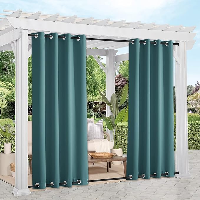 NICETOWN 2 Panels Outdoor Curtains for Patio Waterproof & Windproof, Thermal Insulated Rustproof Top and Bottom Grommet Blackout Outdoor Curtain Drapes for Pergola, W52 by L95, Teal