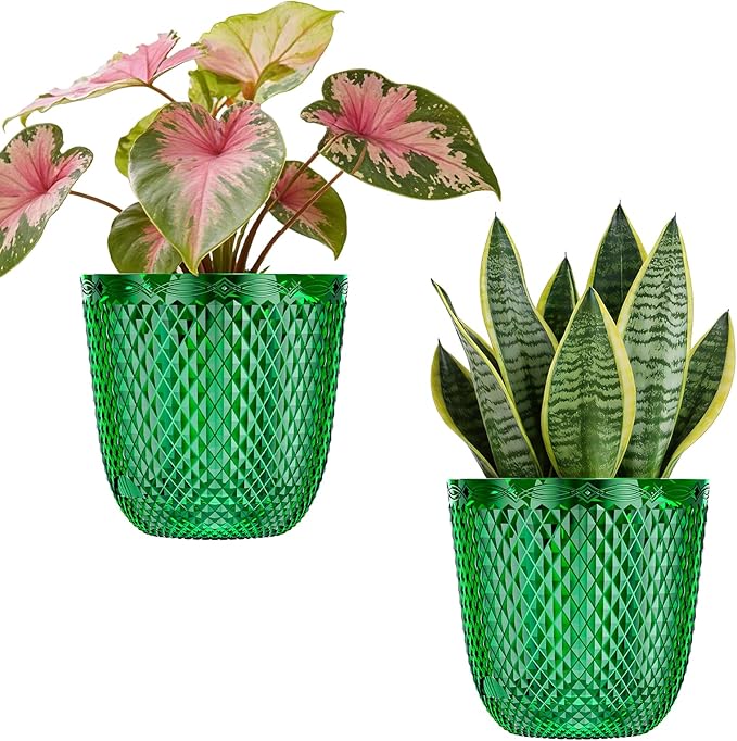 QCQHDU 2 Pack Self Watering Pots, 5.7 Inch Flower Pots with Drainage Holes and Water Filling Port, Garden Planter for Indoor Outdoor Plants (Emerald)