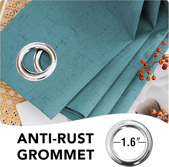 H.VERSAILTEX Primitive Linen Curtains 100% Blackout Curtain Drapes Burlap Fabric Curtains with White Thermal Insulated Liner, Grommet Top Curtain Living Room/Bedroom (2 Panels, 42 x 45 Inch, Teal)