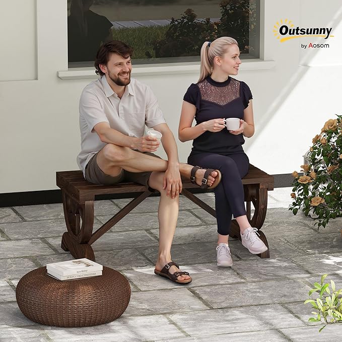 Outsunny 2-Person Wooden Garden Bench, Outdoor Wagon Wheel Porch Bench for Backyard Garden, Support 550 LBS, Rustic Country Style Patio Furniture, Brown