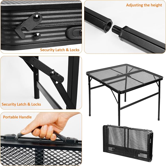 Square Folding Card Table with Adjustable Height (12" & 26"), Black Portable Metal Mesh Table for Camping, BBQ, Picnic, Game, Patio & Indoor Use, Fits 2–4 People, Lightweight 7.6 lb, Supports 66 lb
