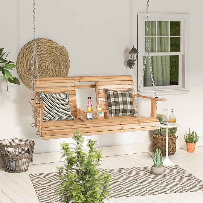 Tangkula 2 Person Hanging Porch Swing, Outdoor Bench Swing with Adjustable Chains, Foldable Cup Holders, High Back, Cozy Armrests, Wooden Hanging Swing Chair for Backyard Deck Garden Natural