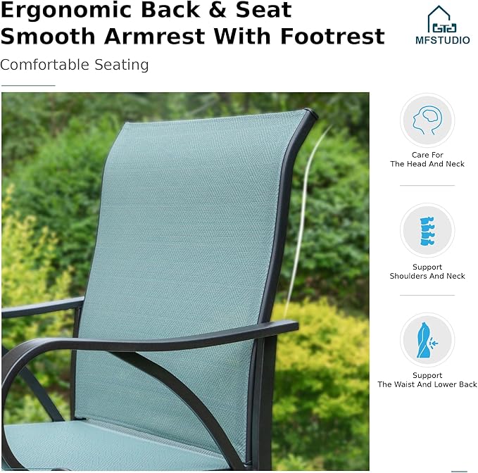 MFSTUDIO 3 Piece Patio Swivel Bar Set, Outdoor Bar Table and Chairs Set, Patio High Top Table and Chairs, Tall Bistro Set Outdoor Bar Height Table with 2 Chairs, Turquoise Blue