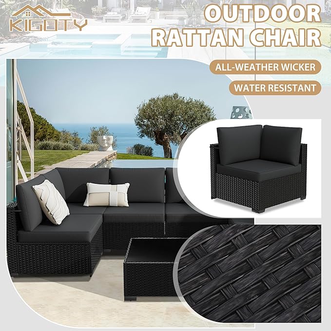 KIGOTY Patio Furniture Set,7 Pieces Modular Outdoor Sectional Sofa, PE Rattan Patio Conversation Set, All Weather Wicker Patio Furniture with Cushions and Coffee Table（Black/Black）