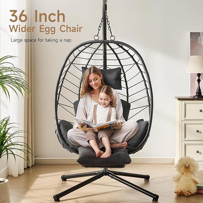 ONBRILL Hanging Egg Chair with Adjustable Footrest & Stand, Wicker Rattan Swing Hammock Chair with Cushion & Double Chains, 350LBS Capacity for Outdoor & Indoor Patio, Deck, Bedroom, Balcony (BL-GR)