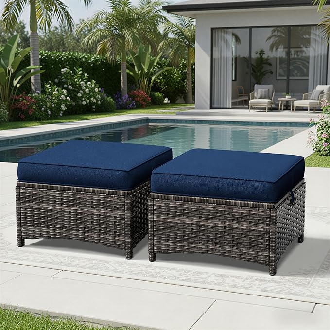 Joyside Outdoor Ottoman Set of 2, Patio Large Ottoman Foot Rest with Thickened Cushions, Outdoor Wicker Foot Stool for Porch, Deck Use