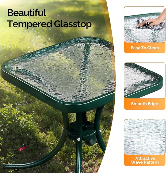 VINGLI Outdoor Side Table, 18" Patio Table Steel Frame Tempered Glass Top, Weatherproof Small Tables for Balcony Garden Poolside (Green, Square)