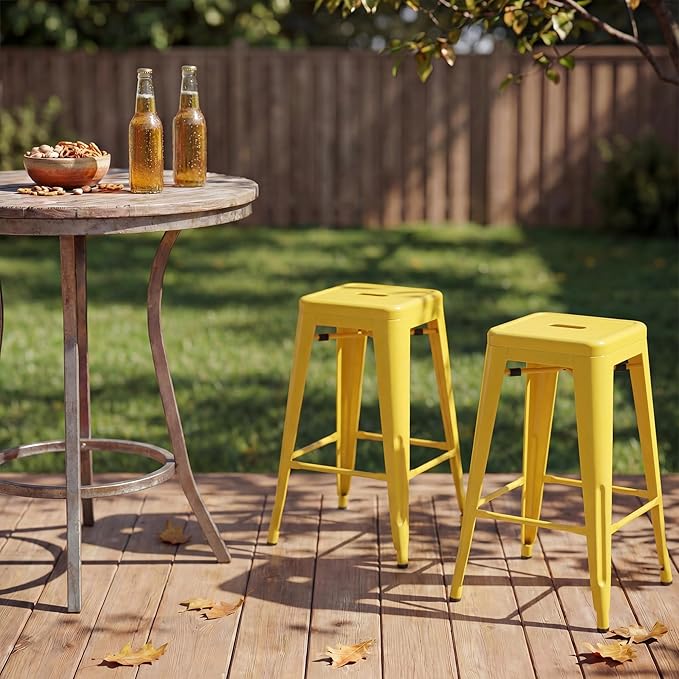 Shahoo 24 Inches Metal Bar Stools Counter Height Stackable Backless Stools, Industrial Patio Stools Indoor Outdoor Metal Kitchen Stools Set of 4 (Yellow, 24'')