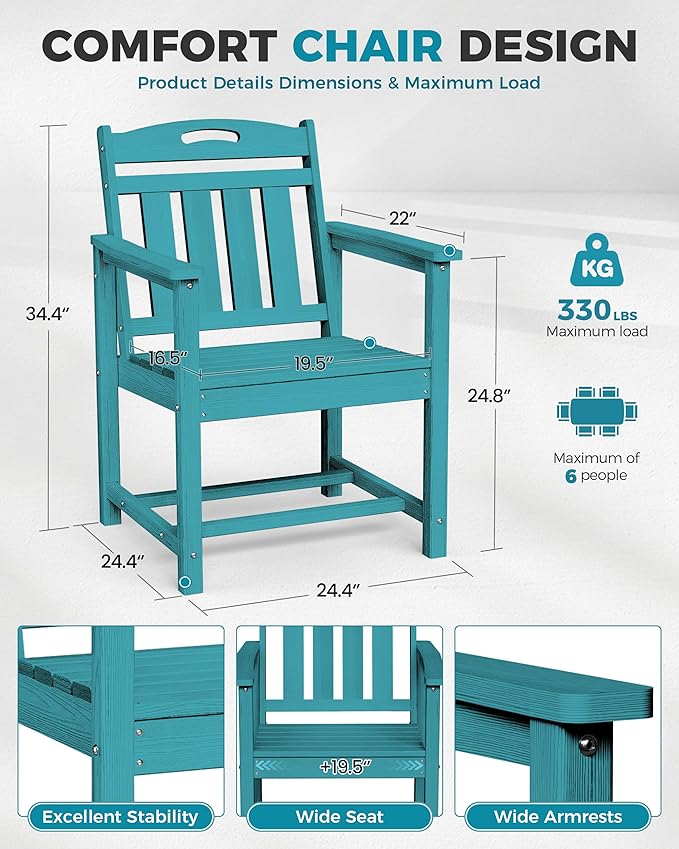 Ciokea HDPE Outdoor Patio Dining Chairs Set of 2, All-Weather Porch Chair with Wide Seat, Durable Outdoor Furniture for Backyard, Garden, Lawn & Poolside, Lake Blue