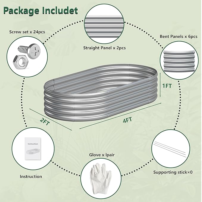 2PCS 4x2x1FT Galvanized Raised Garden Bed Kit,Vegetable Boxes-Oval Metal Flower Box,Large Planter Raised Beds Outdoor Garden for Planting,Fruit,Herb-Silver