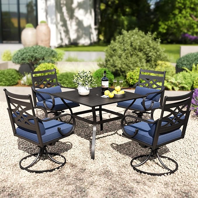 PHI VILLA 5 Pieces Outdoor Dining Set for 4, 37" Square Metal Table with Umbrella Hole & Wrought Iron Swivel Chairs, All Weather Outside Furniture with Blue Cushions & Pillows for Patio, Deck, Porch