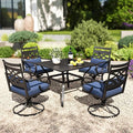 PHI VILLA 5 Pieces Outdoor Dining Set for 4, 37" Square Metal Table with Umbrella Hole & Wrought Iron Swivel Chairs, All Weather Outside Furniture with Blue Cushions & Pillows for Patio, Deck, Porch
