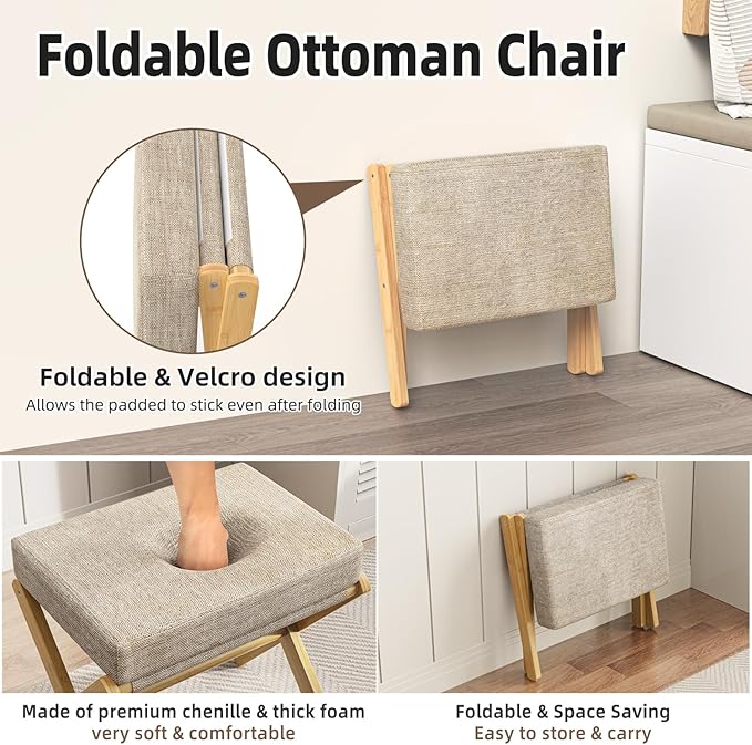 Foldable Foot Stool Ottoman, Modern Foot Rest with Bamboo X Legs & Thick Foam Cushion, Folding Foot Stools Small Padded for Bedroom Living Room, Footstool for Chair Couch (Natural - Brown)