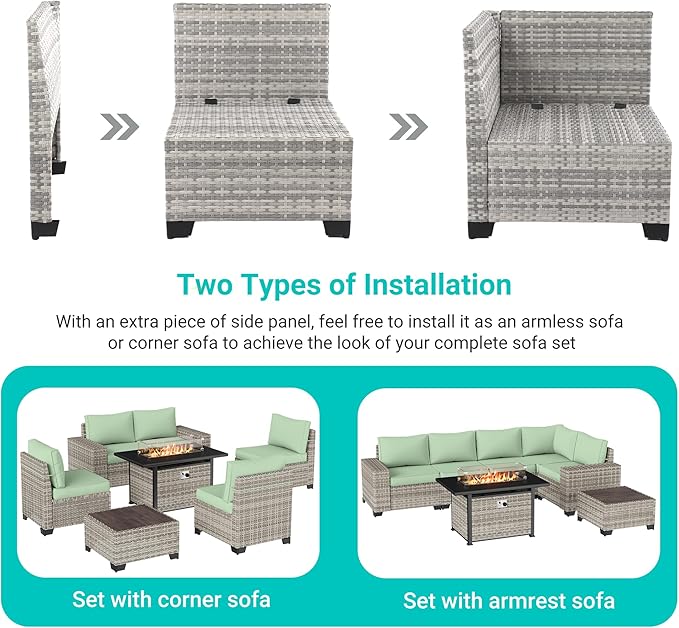 16-Piece Outdoor Patio Furniture Set with Rocking Swivel Chair, PE Wicker Rattan Sectional Sofa Patio Conversation Set with 55,000 BTU Fire Pit Table & Coffee Table, Light Green