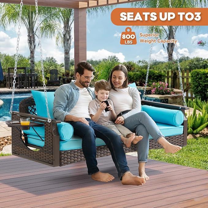 3 Seat Porch Swing, Wicker Patio Swing with Cup Holders & 3 Back Cushions, Yard Swing with Chains for Deck Garden Backyard,Brown Rattan, Lake Blue Cushion, 56-inch