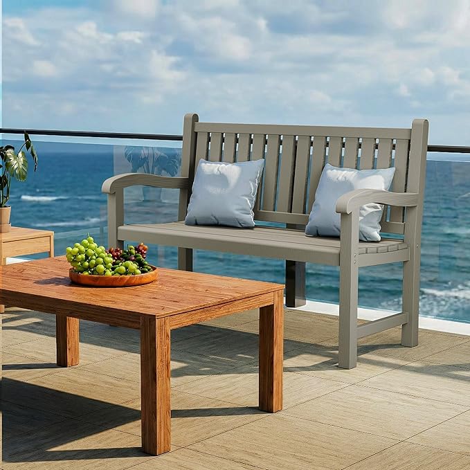 Outdoor Bench, Waterproof & Weatherproof Garden Bench with Ergonomic Design, 2-Person Resin Bench for Porch, Deck, Patio, Outdoor, Garden & Park(Grey)