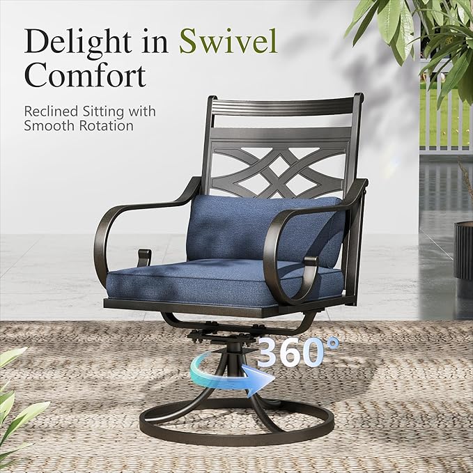 Sophia and William Swivel Patio Dining Set for 6, Outdoor Table and Chairs, Removable Seat Cushions, Black 54" Round Patio Dining Table,Blue