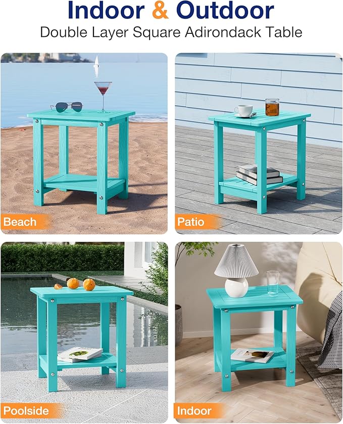 YEFU Outdoor Side Table for Patio: 16" HIPS Weather - Resistant Adirondack Tables - Waterproof Small Square End Tables for Backyard Living Room Bedroom - Indoor Outdoor Double Layer Table Aruba