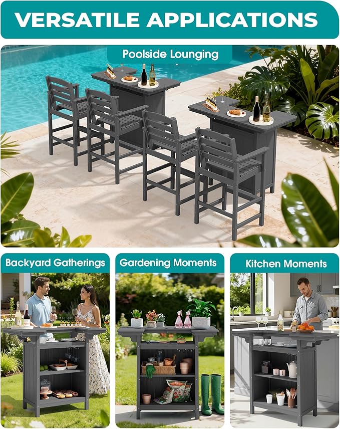 SERWALL Outdoor Bar Table Set (1 Table with 2 Chairs) – HDPE Grey Patio Bar Cabinet with 4-Tier Storage & Spacious Tabletop, Perfect for Outdoor, Poolside, Backyard