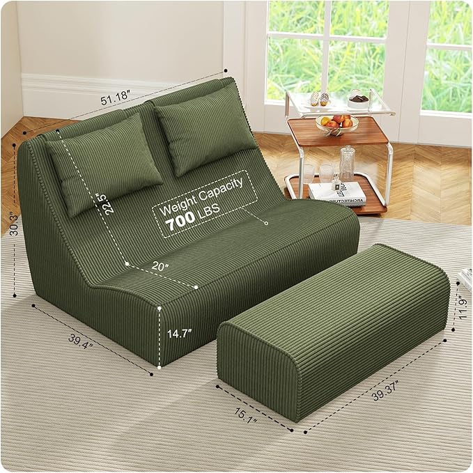 Giant Bean Bag Chair for Adults - Indoor Chaise Lounge with Pillows & Ottomans, Upholstered Loveseat Floor Sofa Chair for Reading, Gaming, Napping, and Movies (Olive Green)