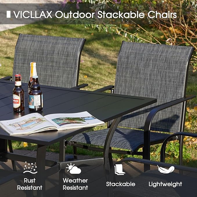 VICLLAX Patio Table and Chair Set of 8, All Weather Metal Round Outdoor Dining Furniture Set-53 Round Outdoor Table and Chairs, Grey Tabletop