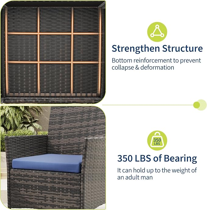 GAOMON 3-Piece Patio Furniture Set, Modern PE Rattan Conversation Set with 2 Chairs & Tempered Glass Coffee Table, All-Weather Outdoor Seating for Garden, Porch, Balcony, Poolside, Brown/Navy Blue