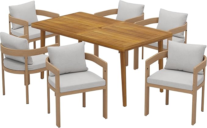 Christopher Knight Home Elko Acacia Wood Outdoor Dining Set for 6, Wooden 7 Piece Patio Dining Table Set, Outdoor Metal Dining Chair and Table Set with Cushion, Patio Furniture Set, Teak+Light Gray