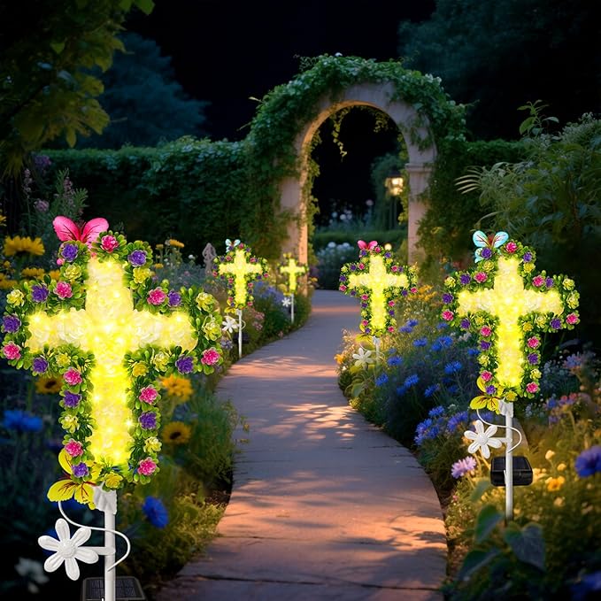 YJFWAL Solar Flower Cross for Cemetery Grave, Grave Decorations for Cemetery Solar Crosses, Sympathy Memorial Gifts, for Garden Lawn Yard Patio Decor