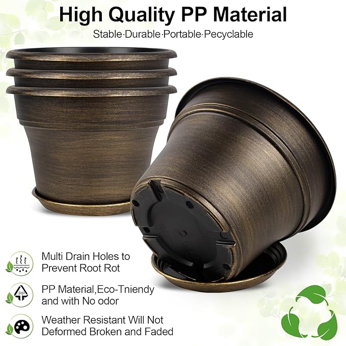 Plant Planters Pots Set of 4 Pack 13 Inch，Large Plastic Flower Pot for Indoor Plants with Drainage Holes & Trays, Resin Decorative Container Sets with Saucer for House Outdoor Garden Plant Dark Gold