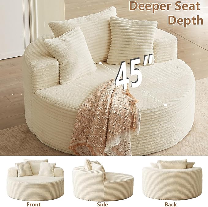 Oversized Round Chair Lounge Chaise Indoor, Upholstered Corduroy Deep Seat Cloud Large Circle Sofa Chair, No Assembly Required, Fluffy Modern Sleeper Sofa Bed for Reading, Light White