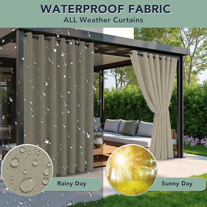 Outdoor Curtains for Patio Waterproof - 6 Panels Privacy Weatherproof Outside Curtains with Grommets for Pergola, Gazebo, Porch, Cabana, Balcony, 54 x 108 Inch, Taupe