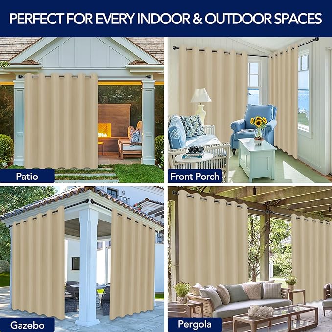 PureFit Outdoor Curtains for Patio Waterproof Weatherproof, UV Resistant Outside Curtains for Gazebo, Front Porch, Pergola, Sun Blocking Privacy Curtain, 100W x 84L inch, 1 Panel, Beige