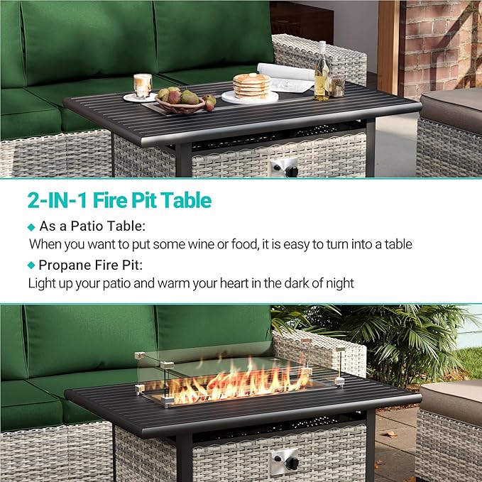 13-Piece Outdoor Patio Furniture Set with 55,000 BTU Fire Pit Table, PE Wicker Rattan Sectional Sofa Patio Conversation Set with Coffee Table, Green