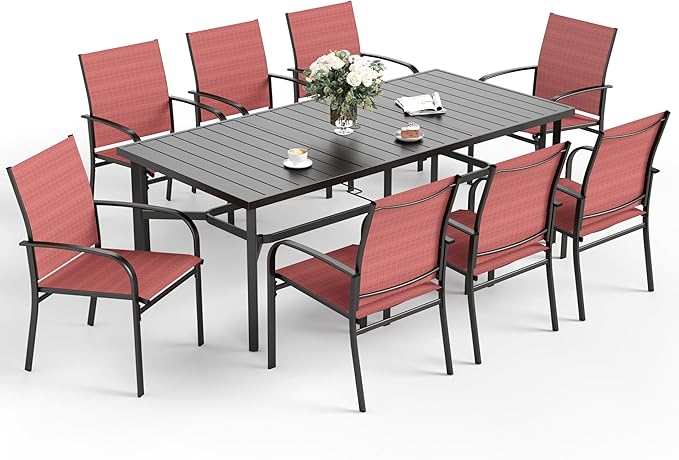 Patio Dining Set 9 PCS, 8 Stable Outdoor Dining Chairs with Rectangular Dining Table, Patio Table and Chairs Set for Lawn,Garden,Deck and Backyard