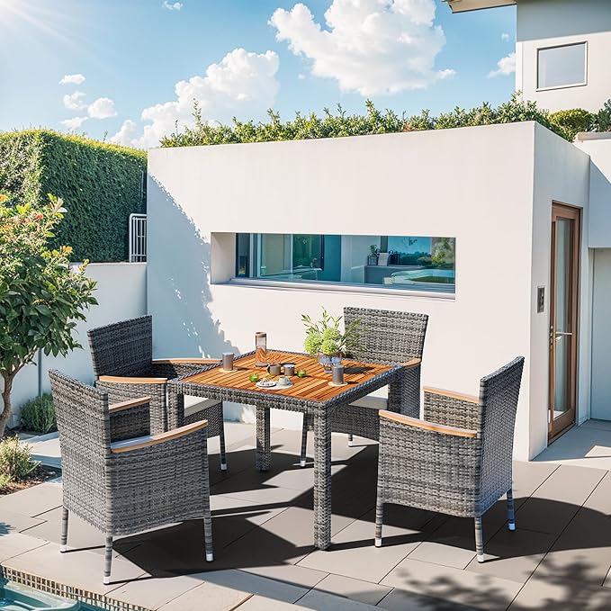 Shintenchi 5 Piece Patio Dining Set, Wicker Patio Conversation Set with Wooden Table Top, Outdoor Table and Chairs with Soft Cushions for Backyard, Deck and Garden, Grey Wicker
