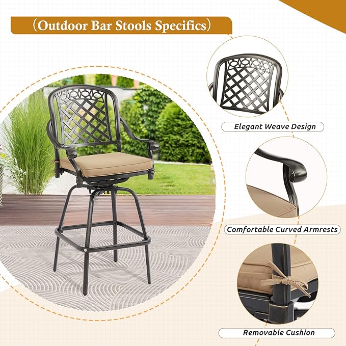 3-Piece Cast Aluminum Patio Bar Set, Outdoor Round High Top Table & 2 Swivel Bar Chairs with Cushions, All-Weather Bistro Table and Chairs Set for Patio, Lawn & Garden (1 Table +2 Swivel Chairs)