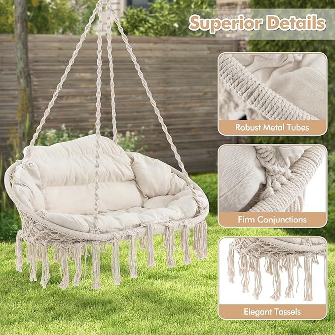 Tangkula 2-Person Hanging Hammock Chair, Boho Style Macrame Hammock Swing with Soft Cushions, Tassels, Indoor Outdoor Cotton Rope Hanging Swing Chair for Bedroom, Porch, Balcony