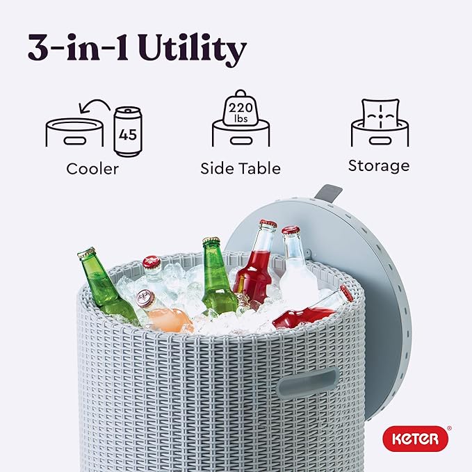 Keter Cool Side Table Cooler 3 in 1 Outdoor Patio Table and Ice Chest Storage, Ideal Hot Tub Table, Decor and Outdoor Patio Bar, Portable Bar, Grey
