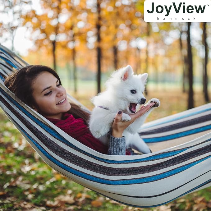 JoyView Brazilian Double Hammock with Hanging Ropes Extra Large 86.6x59” Portable Cotton Hammock for Patio Backyard Porch 450LBS Weight Capacity Perfect for Outdoor/Indoor - Natural White