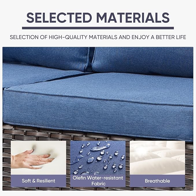 Belord Patio Furniture Set with Fire Pit Table: 9 Pieces Wicker Oversize Patio Conversation Set with Outdoor Swivel Glider Rocker Rattan Couch Ottomans, Anti-Rust Frame, Removable Cushion Blue