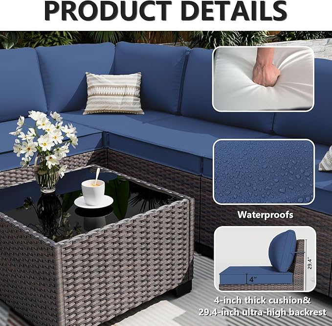 ALAULM 6 Pieces Patio Furniture Set, Oversized Seat/Armrest and High Back Wicker Sectional Furniture Set with Thick Cushion for Backyard, Garden, Navy Blue