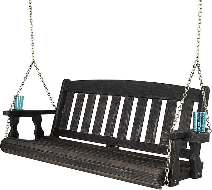 Amish Casual Heavy Duty 800 Lb Mission Treated Porch Swing with Hanging Chains and Cupholders (4 Foot, Semi-Solid Black Stain)