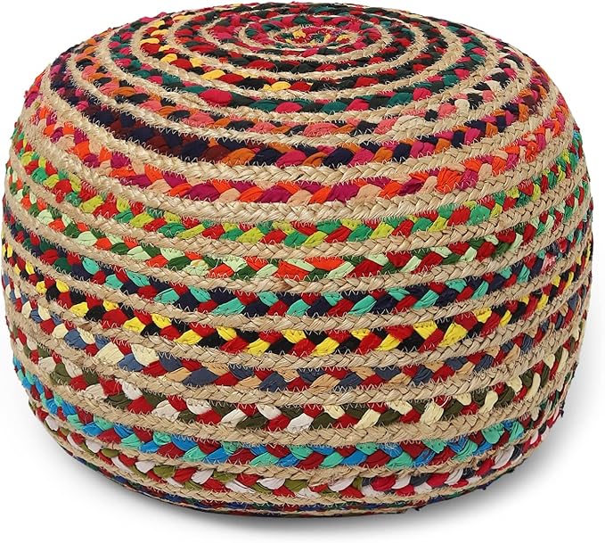 REDEARTH · Round Pouf Ottoman - Braided Boho Poof Home Décor Pouffe Accent Sitting Circular Foot Rest for Living Room, Bedroom, Nursery, Kidsroom, Lounge; Jute and Cotton (19.5"X19.5"X14"; Multi)