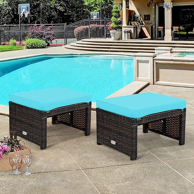 Tangkula 2 Pieces Patio Rattan Ottomans, All Weather Outdoor Footstool Footrest Seat with Soft Cushion, Hidden Zipper, High-Density Sponge, Wicker Ottoman Seat for Patio, Garden, Poolside (Turquoise)