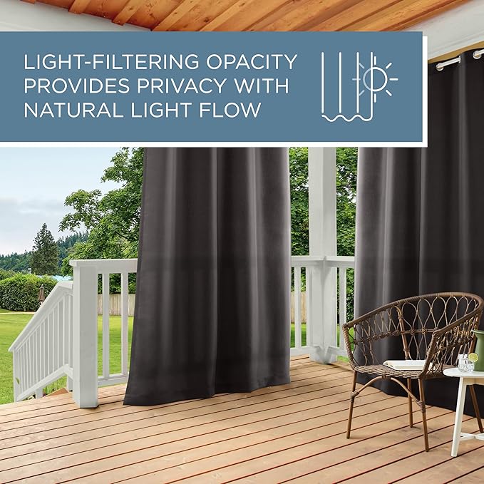 Town & Country Basics Cabana Solid Heavyweight Indoor Outdoor Curtains, Light Filtering Opacity with Grommet Top, Water Repellent, 2-Pack Set, 54"x84", Black
