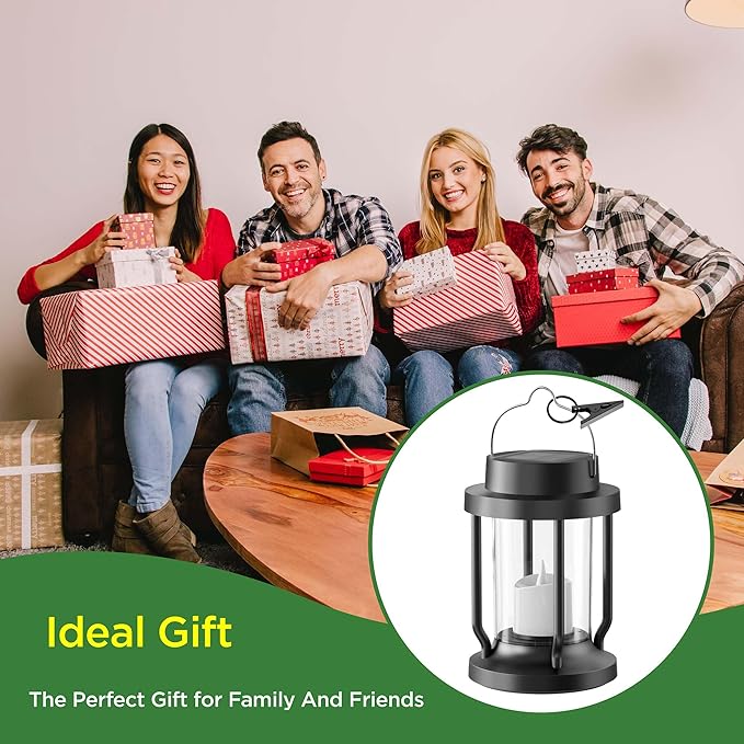 Solar Lantern Outdoor & Indoor Use – Hanging Solar Lights with Realistic Flickering Flameless Candle, Weatherproof for Gardens, Patios, Trees, and Lawns (Black, 8 Pack)