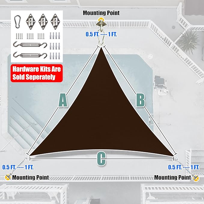 Amgo Custom Size 18' x 18' x 18' Brown Triangle Sun Shade Sail UPF50+ AGTAPRT12, Order to Make Canopy Awning, 95% UV Blockage, Water & Air Permeable, Commercial Standard (We Customize)