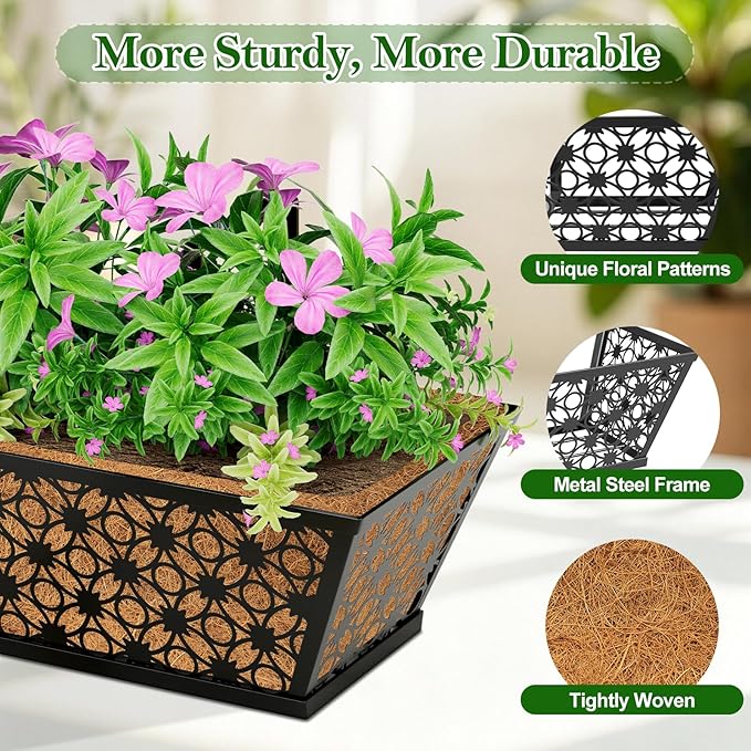 SPECILITE 24" Window Boxes Planters, Heavy Duty Metal Railing Planter Boxes, Adjustable Balcony Planters for Railing Hanging, with Coco Liner & Tool Set for Deck, Porch, and Patio Gardening (2 Pack)